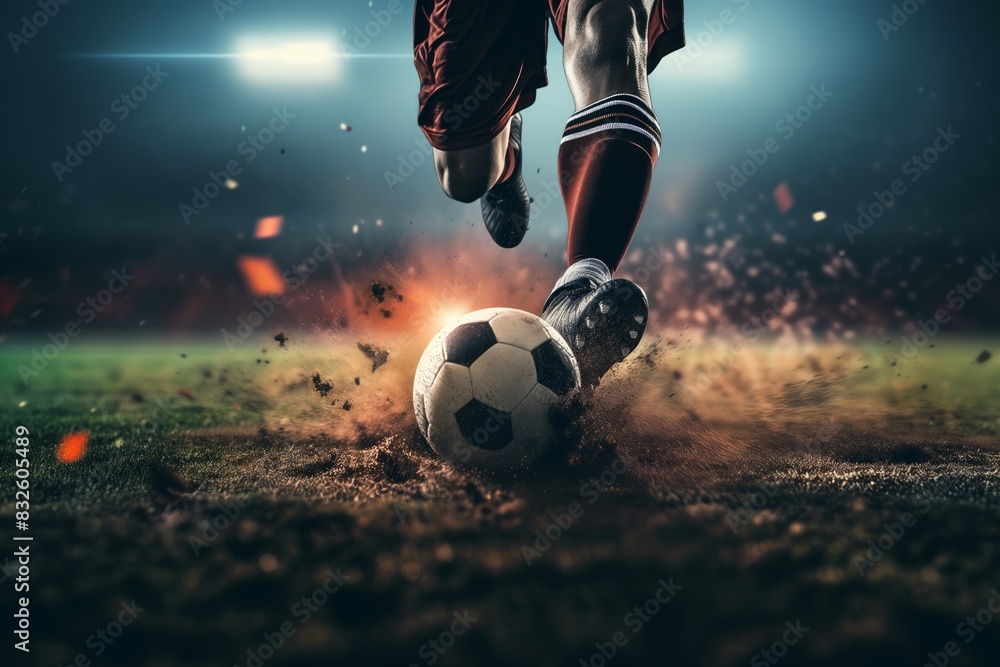 A soccer player dribbling and kicking a ball on a field